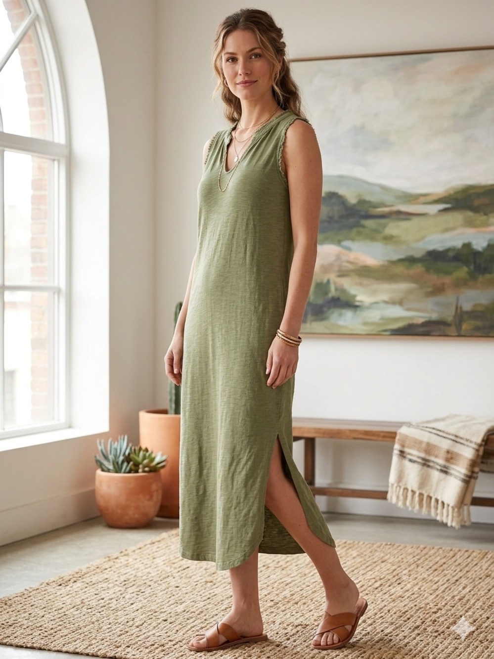 Sundance Olive Green Sleeveless V-Neck Maxi Dress Size M